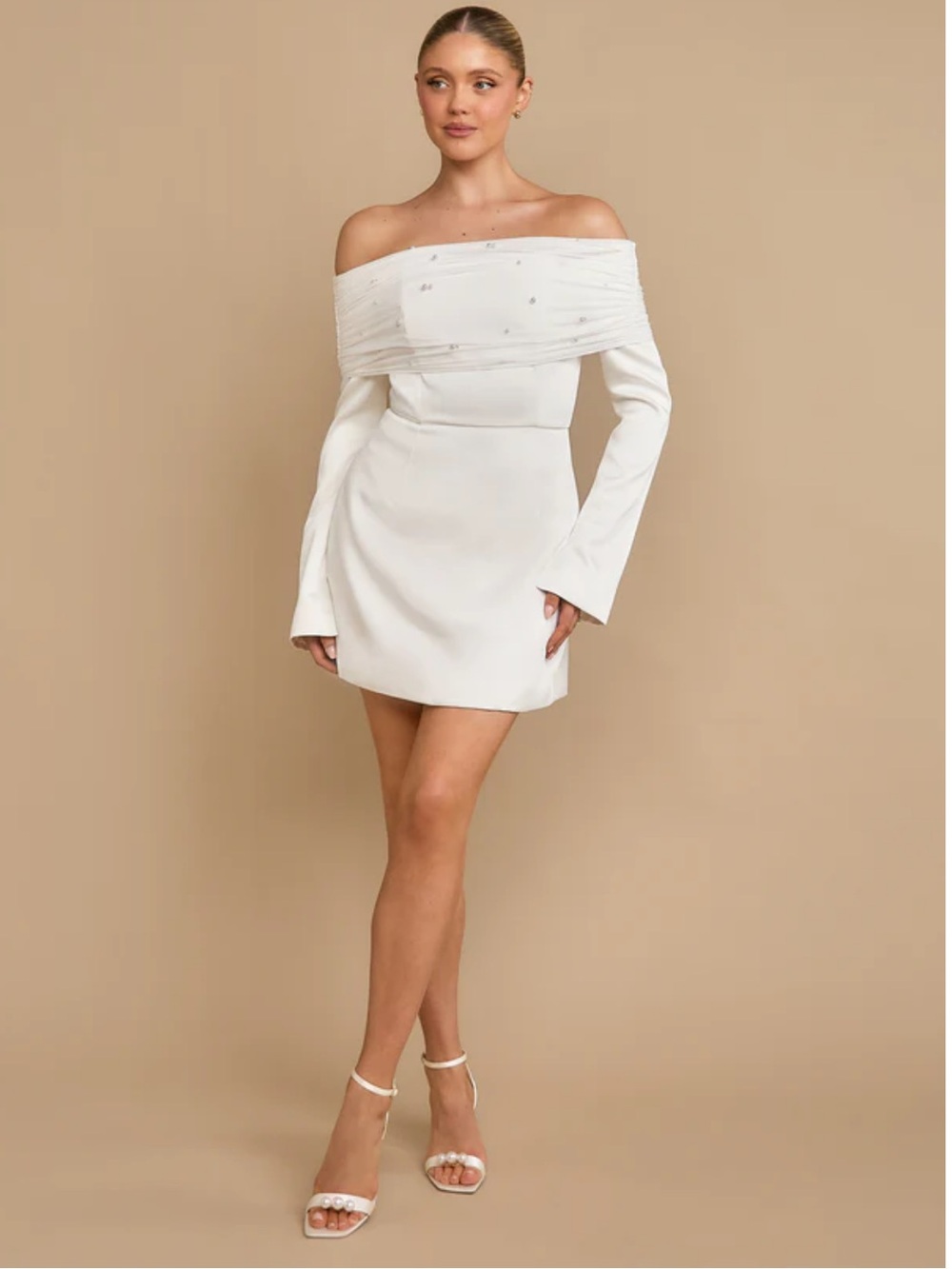 Pearl trim bardot mini dress- white- 4